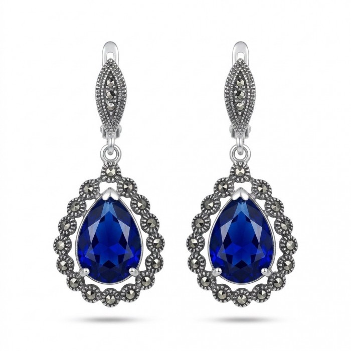 Julietta 15.5 carat London Blue Topaz Marcasite .925 Sterling Silver handmade Statement earrings