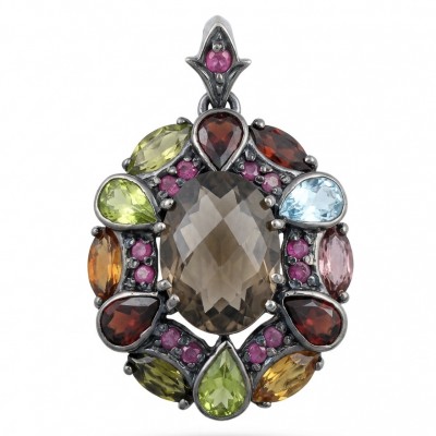 Vinatge Traesure Authentic 10.5 carat carved Smoky Topaz black rhodium over .925 Sterling Silver handmade Statement Pendant