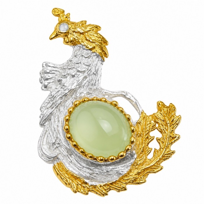 Green Rooster 11.2 carat Prehnite 2 tones .925 Sterling Silver handmade Brooch