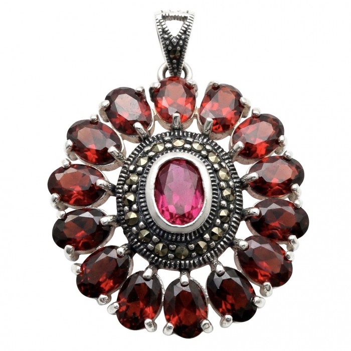 Giovanna 22.2 carat authentic Mozambique Ruby Marcasite .925 Sterling Silver handmade Pendant