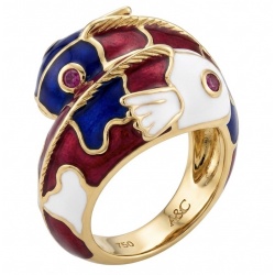 Luxurious Two Fishes Natural Ruby Enamel 18K Gold over .925 Sterling Silver Huge handcrafted Ring s. 7