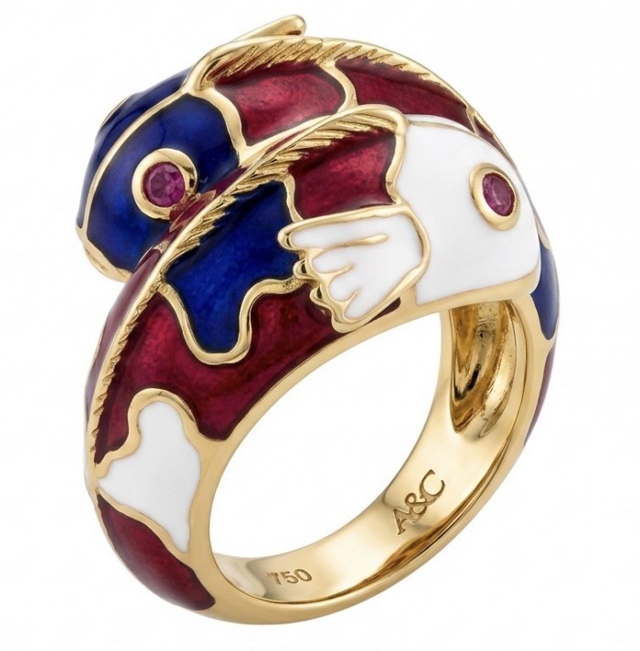 Luxurious Two Fishes Natural Ruby Enamel 18K Gold over .925 Sterling Silver Huge handcrafted Ring s. 7