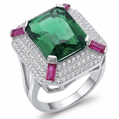 Art Deco 16.6 ctw Emerald .925 Sterling Silver handcrafted Statement Ring size 8