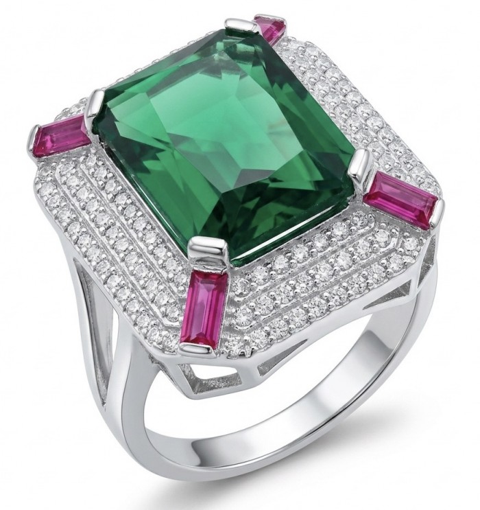 Art Deco 16.6 ctw Emerald .925 Sterling Silver handcrafted Statement Ring size 8