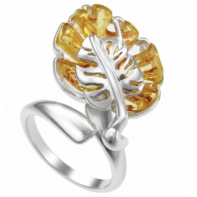 Golden Leaf Authentic carved Baltic Amber .925 Sterling Silver handcrafted ring; s. 7