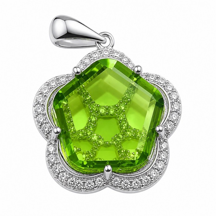 Green Clover 6.8 carat authentic Brazilian Peridot .925 Sterling Silver Handcrafted Statement pendant