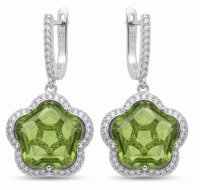 Green Clover 10.9 carat authentic Brazilian Peridot .925 Sterling Silver Handcrafted Statement Earrings