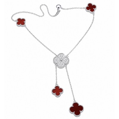 Outstanding 20 inches long Carnelian Lucky Four Leaf Clover .925 Sterling Silver necklace