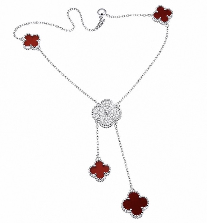 Outstanding 20 inches long Carnelian Lucky Four Leaf Clover .925 Sterling Silver necklace