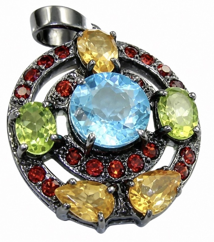 Atlantica - amazing quality 5.5 CARAT genuine Swiss Blue Topaz black rhodium over .925 Sterling Silver handmade pendant