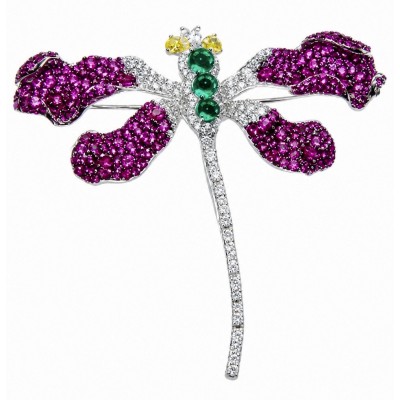 Precious Dragonfly 9.2 carat pave Mozambique Ruby rhodium over .925 Sterling Silver handcrafted Brooch