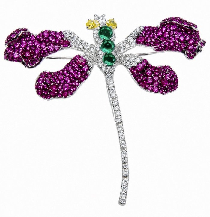 Precious Dragonfly 9.2 carat pave Mozambique Ruby rhodium over .925 Sterling Silver handcrafted Brooch - video