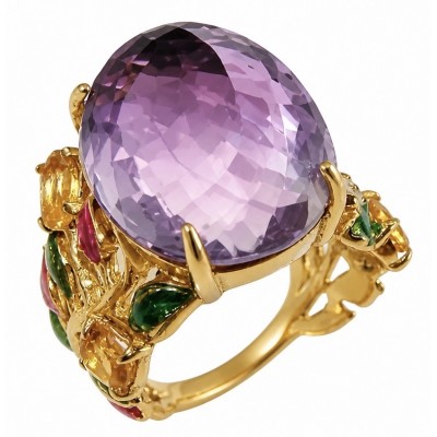 Peace 17.5 carat fancy Rose cut natural Amethyst 22K Gold over .925 Sterling Silver Handcrafted Ring size 6 1/4
