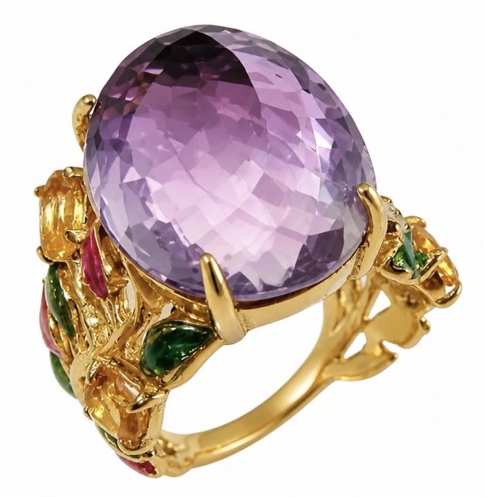Peace 17.5 carat fancy Rose cut natural Amethyst 22K Gold over .925 Sterling Silver Handcrafted Ring size 6 1/4 - video