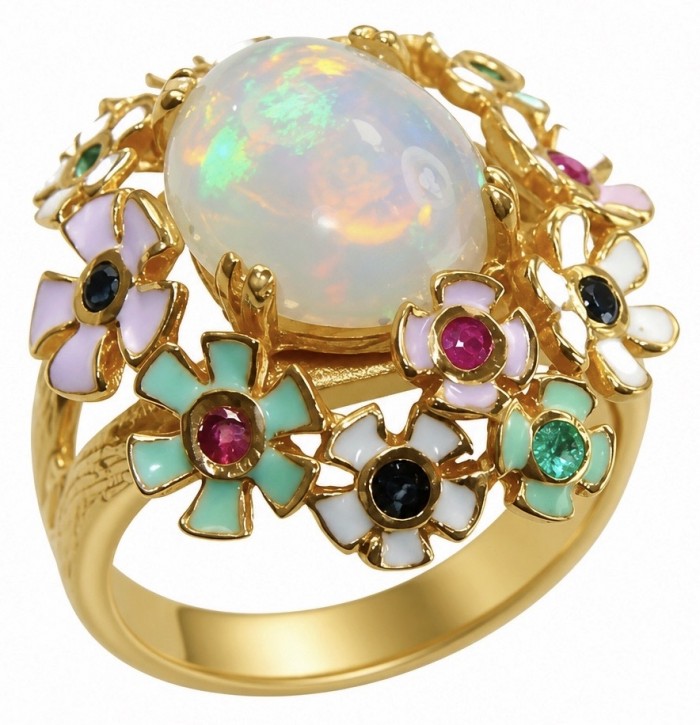 Enchantment Genuine 10.8 carat Opal 18K Gold over .925 Sterling Silver handmade Ring size 6 1/4