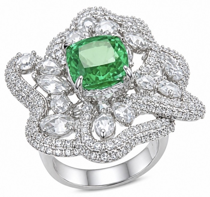 Exotica Natural 5.4 carat Tsavorite Garnet .925 Sterling Silver handmade Large Statement Ring size 7