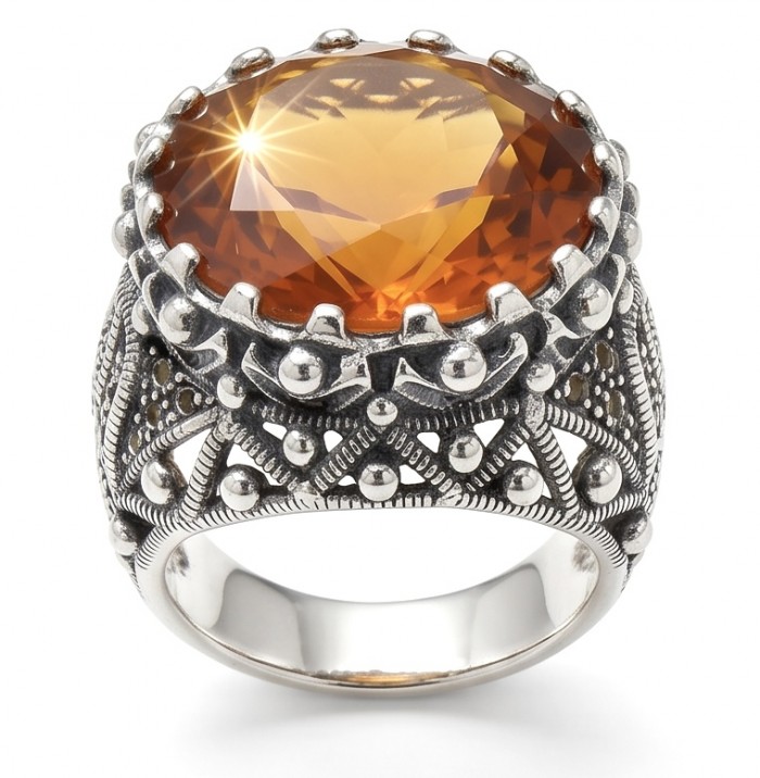 Serenity Natural 38.4 carat GOLDEN Topaz Marcasite .925 Sterling Silver handmade Large Statement Ring size 7