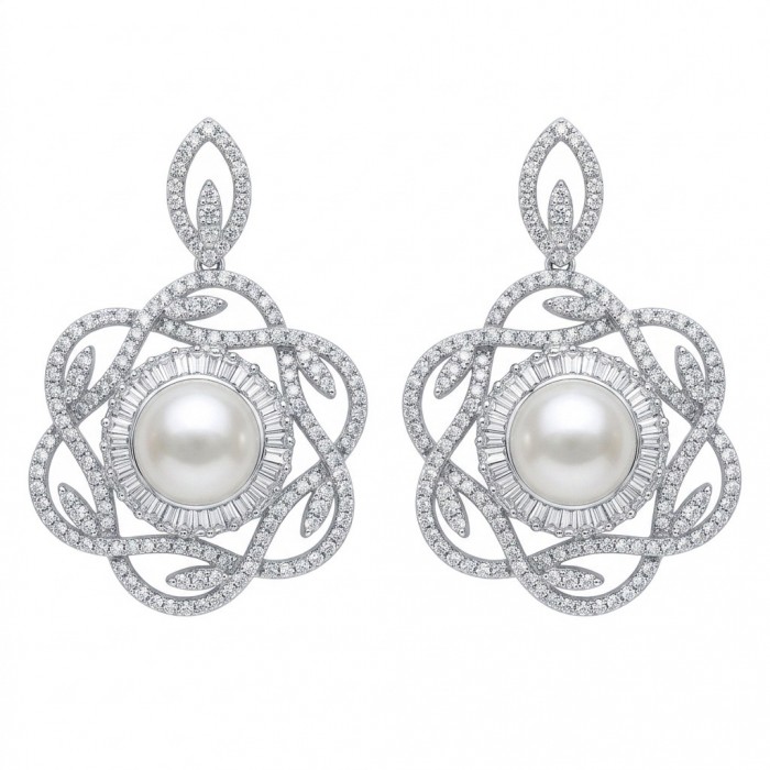 BLOOMING FLOWERS Genuine Pearl 0.2 CARAT lab grown Diamond rhodium over .925 Sterling Silver handcrafted Statement Earrings