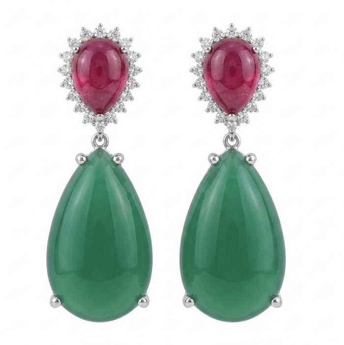Valentina 28.2 carat Ruby Emerald Sapphire .925 Sterling Silver dipped in rhodium Statement handcrafted earrings - video