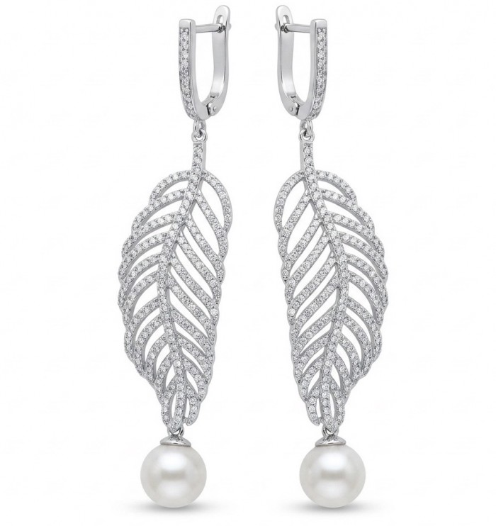 BLOOMING BEAUTY Genuine Pearl 0.2 CARAT lab grown Diamond rhodium over .925 Sterling Silver handcrafted Statement Earrings