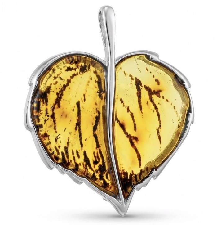 Golden Leaf carved Baltic Polish Amber .925 Sterling Silver handcrafted Pendant / Brooch