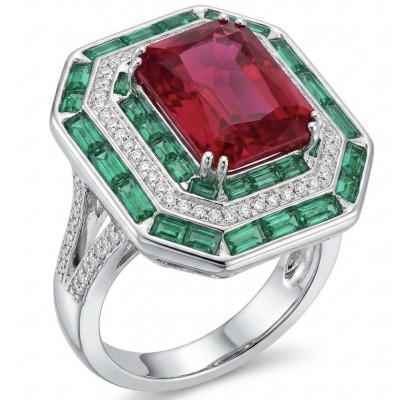 Art Deco 19.4 ctw Ruby Emerald .925 Sterling Silver handcrafted Large Statement Ring size 8 1/4