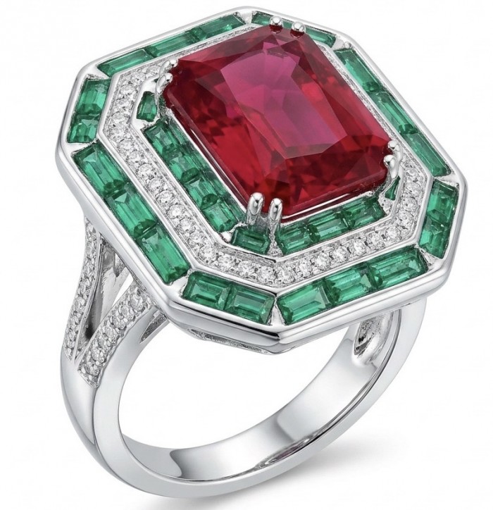 Art Deco 19.4 ctw Ruby Emerald .925 Sterling Silver handcrafted Large Statement Ring size 8 1/4