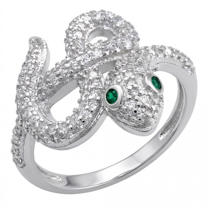 Precious Boa Snake Genuine Emerald White Topaz .925 Sterling Silver handcrafted Ring s. 8