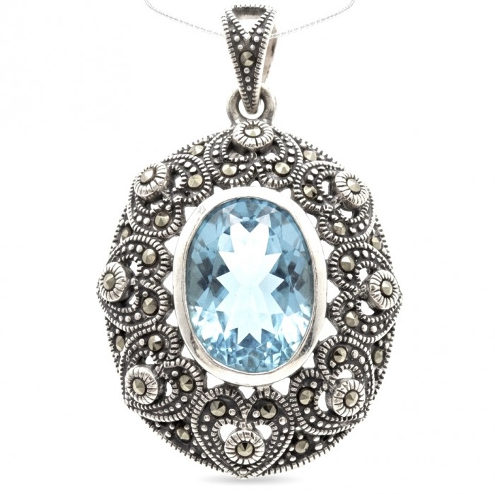 Vintage style 10.8 carat Swiss Blue Topaz .925 Sterling Silver DIPPED IN RHODIUM handmade Pendant