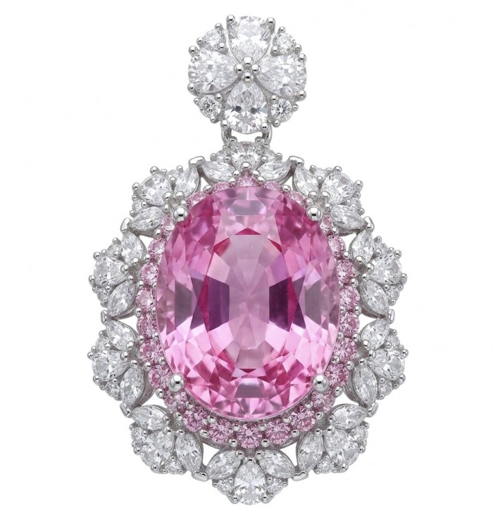 Tiffany Incredible oval cut 20.4 carat Pink Sapphire .925 Sterling Silver handcrafted pendant