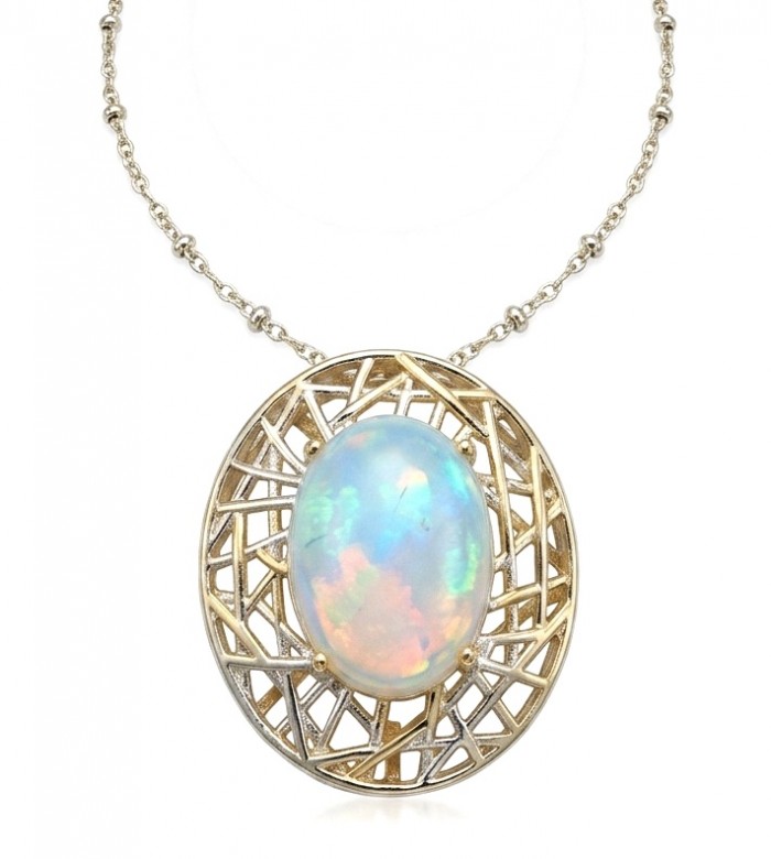 Earth Treasure Authentic 12.8 carat Golden Ethiopian Opal 22K Gold over .925 Sterling Silver handcrafted Statament Necklace