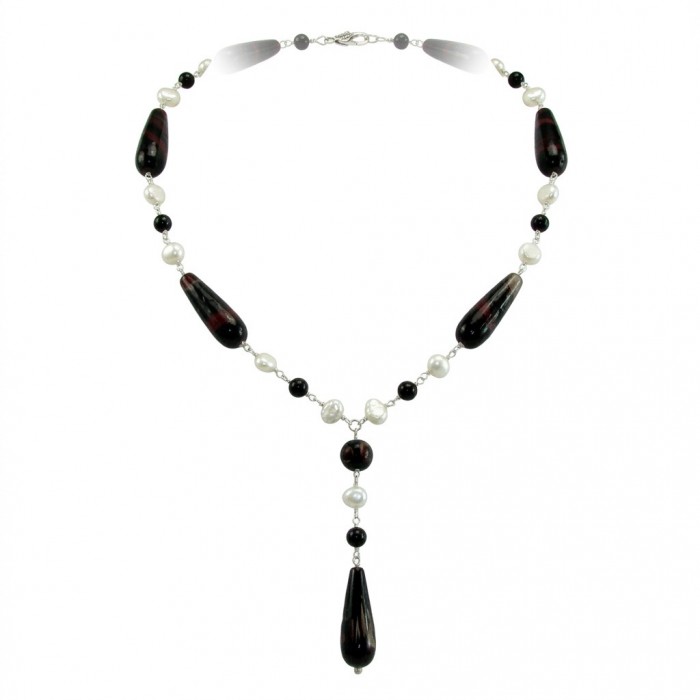 Black and White 26 inches authentic Onyx Pearl .925 Sterling Silver handmade Station Necklace