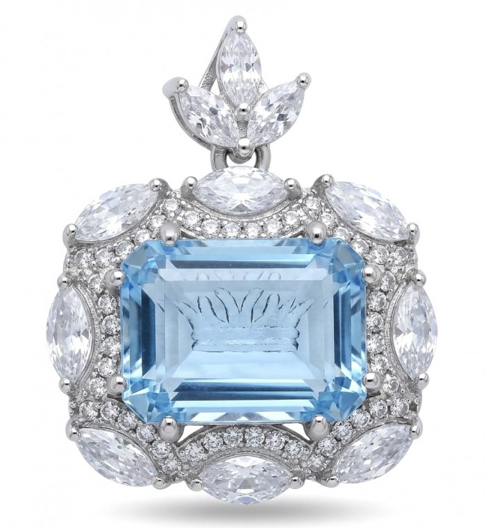 Vintage style boquette cut 12.8 carat Swiss Blue Topaz .925 Sterling Silver DIPPED IN RHODIUM handmade Pendant