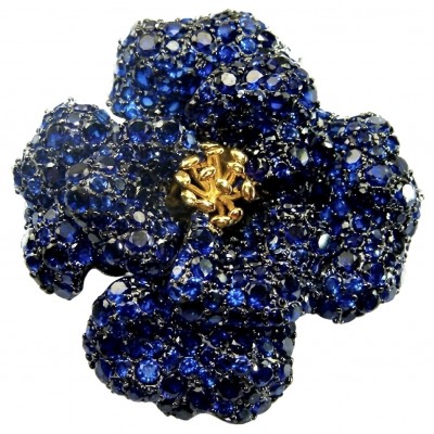 Black Label Collection - Retro Style - Rose Genuine 42.5 carat Sapphire .925 Sterling Silver dipped in black rhodium handmade Pendant - Brooch