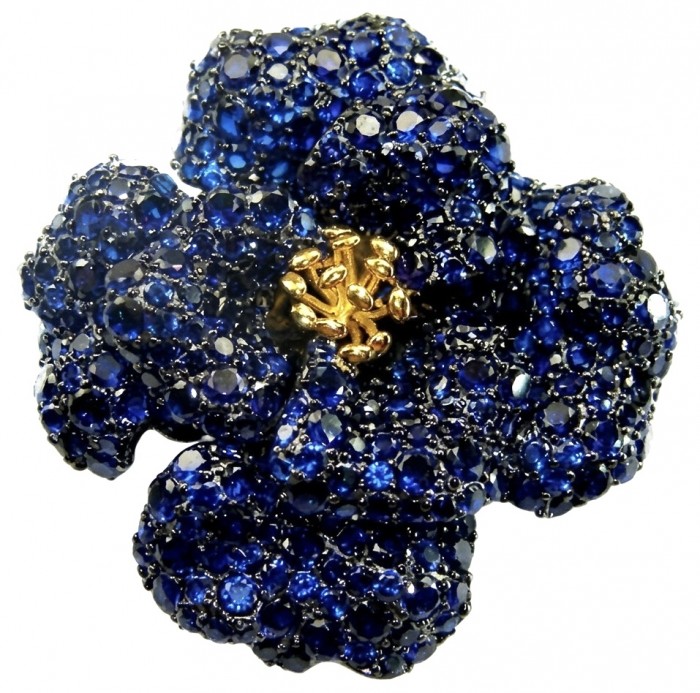 Black Label Collection - Retro Style - Rose Genuine 42.5 carat Sapphire .925 Sterling Silver dipped in black rhodium handmade Pendant - Brooch