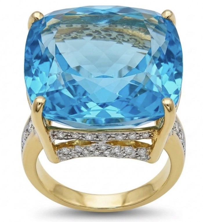 Paradise 35.8 carat Swiss Blue Topaz .925 Sterling Silver dipped in 22K Gold handmade Large Statement Ring size 6