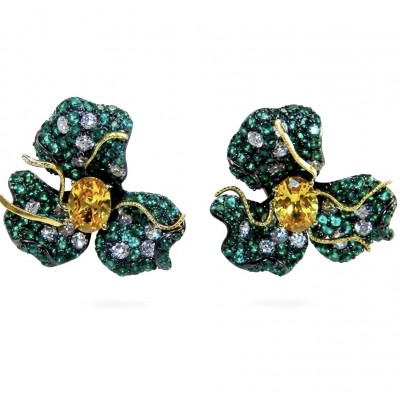 Exotica - rare art - authentic 4.9 carat Brazilian Citrine 9.2 carat Colombian Emerald 2 tones .925 Sterling Silver dipped in black rhodium handcrafted earrings