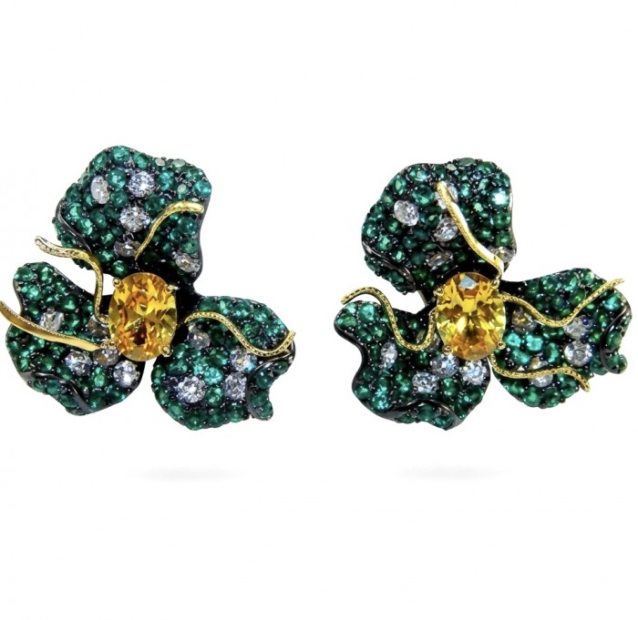 Exotica - rare art - authentic 4.9 carat Brazilian Citrine 9.2 carat Colombian Emerald 2 tones .925 Sterling Silver dipped in black rhodium handcrafted earrings