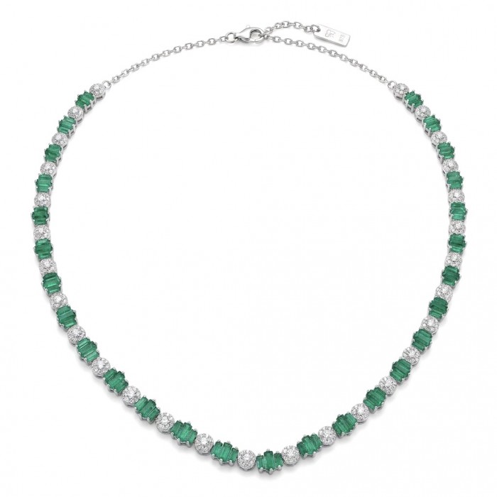 Art Deco 12.4 carat Emerald .925 Sterling Silver handcrafted Statement necklace