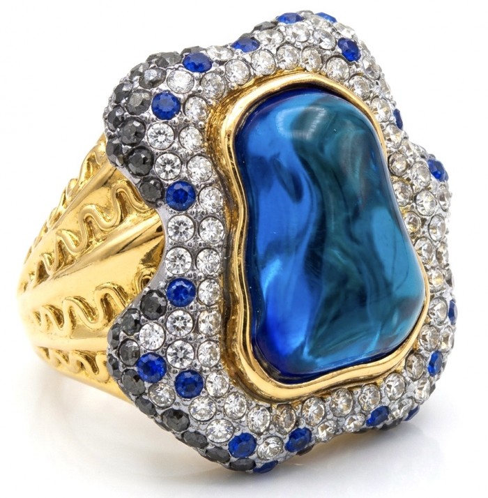 Blue Rhapsody - 18.5 carat natural Swiss Blue Topaz .925 Sterling Silver dipped in 22K Gold handcrafted Large Statement Ring size 7 1/2