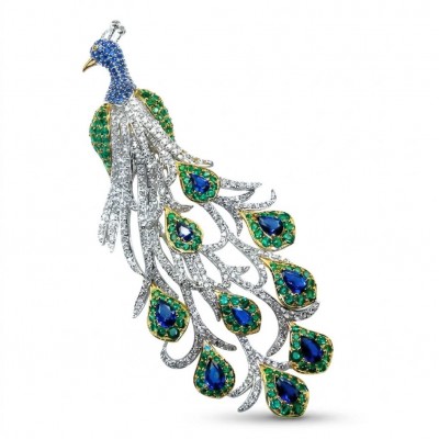 Most Incredible! - Natural 12.8 carat Sapphire Emerald Blue Peacock 2 tones 18K Gold over .925 Sterling Silver Large Brooch Pendant