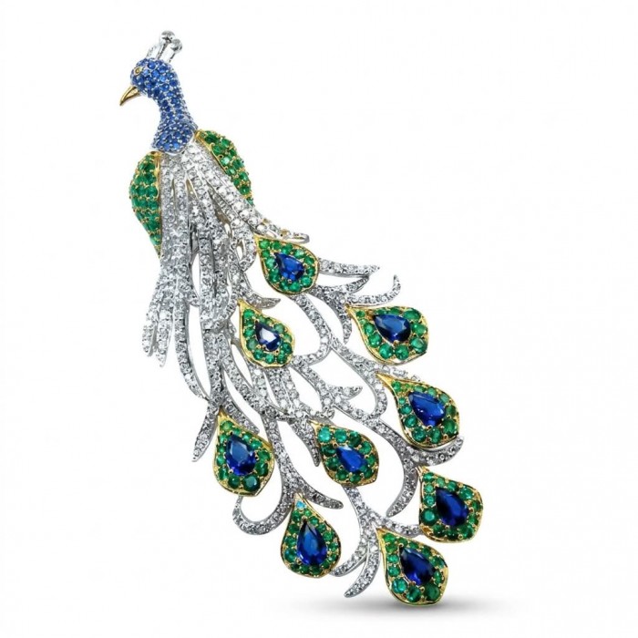 Most Incredible! - Natural 12.8 carat Sapphire Emerald Blue Peacock 2 tones 18K Gold over .925 Sterling Silver Large Brooch Pendant