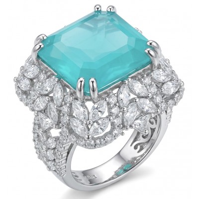 Elizabeth princess cut 14.8 carat Colombian Emerald 15.3 carat Moissanite .925 Sterling Silver dipped in Rhodium handcrafted Ring size 7