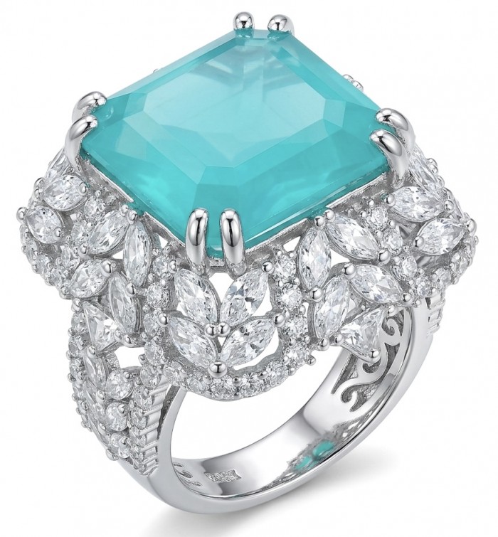 Elizabeth princess cut 14.8 carat Colombian Emerald 15.3 carat Moissanite .925 Sterling Silver dipped in Rhodium handcrafted Ring size 7