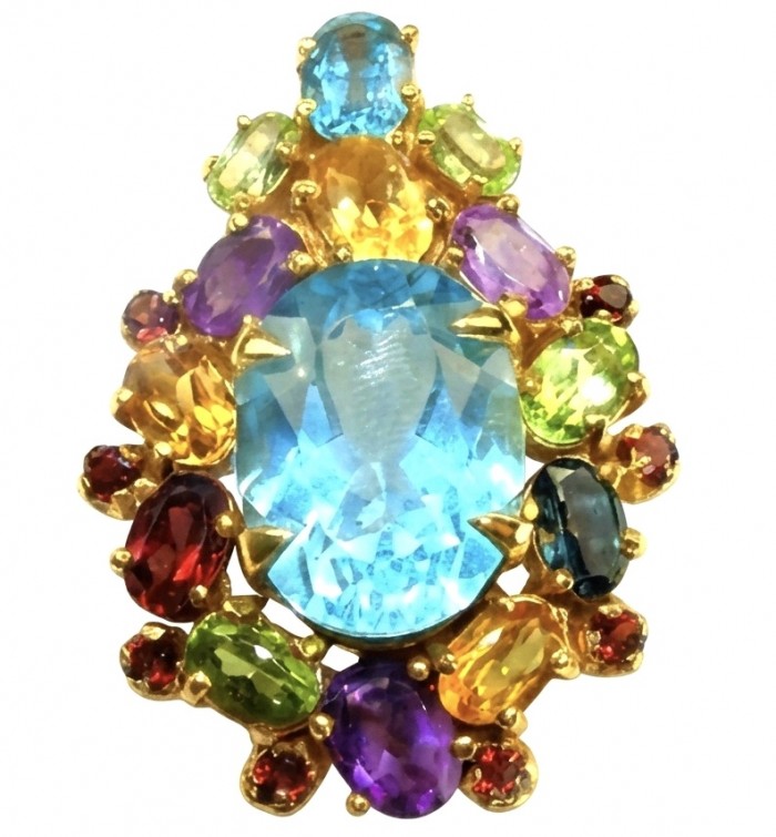 Majestic - Vintage style oval cut 15.8 carat Swiss Blue Topaz .925 Sterling Silver DIPPED IN 22 carat Gold handmade Pendant Brooch