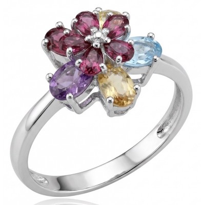 Flower 7.2 carat Multigem .925 Sterling Silver Handcrafted Ring size 10