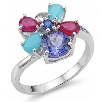Flower 7.2 carat Multigem .925 Sterling Silver Handcrafted Ring size 7