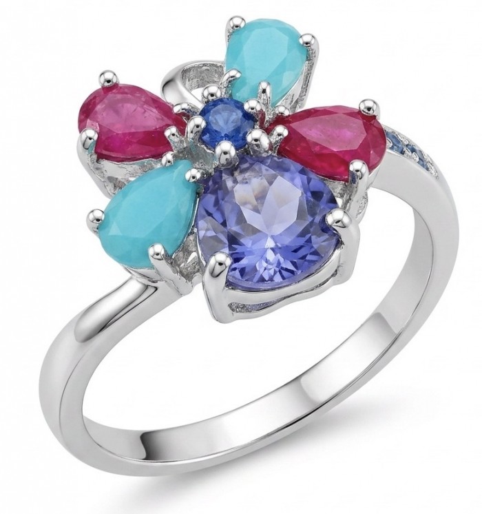 Flower 7.2 carat Multigem .925 Sterling Silver Handcrafted Ring size 7