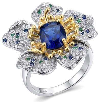 Luxurious exotic Flower 3.7 carat Sapphire Emerald 2 tones .925 Sterling Silver handcrafted Ring size 7 1/4