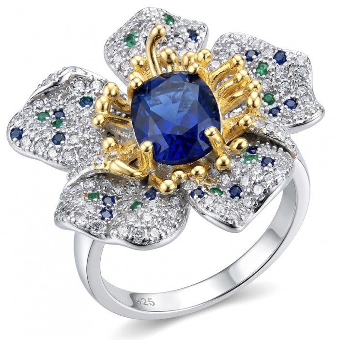 Luxurious exotic Flower 3.7 carat Sapphire Emerald 2 tones .925 Sterling Silver handcrafted Ring size 7 1/4